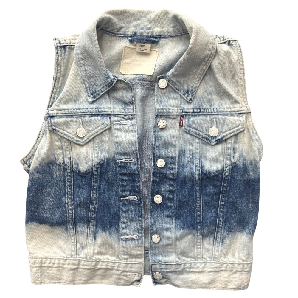 Levis Women Denim Vest Small Cropped Ombre Bleached Dip Dyed‎ Trucker